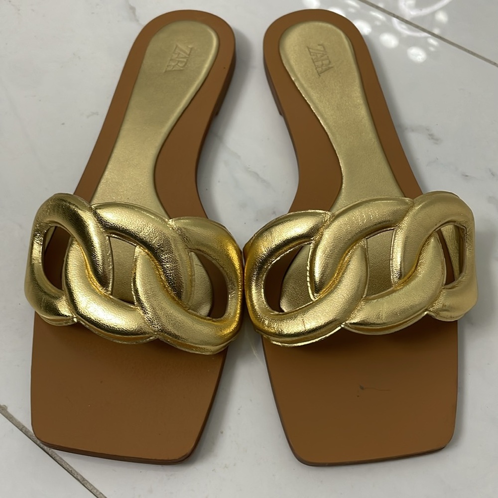 ZARA metallic gold leather / tan sliders sandals flats size 37 / 7 elegant rare